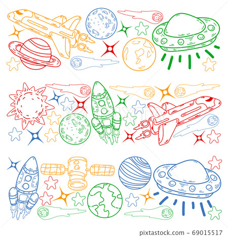 Vector doodle space pattern. Earth, Moon, Jupiter, Sun, Saturn. 69015517