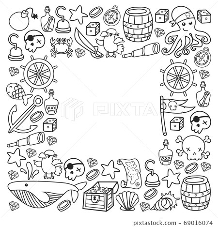 Children pirate party. Symbols of piracy - hat, swords, guns, treasure chest, ship, black flag, jolly roger emblem, skull and crossbones, compass. 69016074