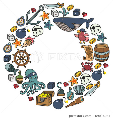 Children pirate party. Symbols of piracy - hat, swords, guns, treasure chest, ship, black flag, jolly roger emblem, skull and crossbones, compass. 69016085