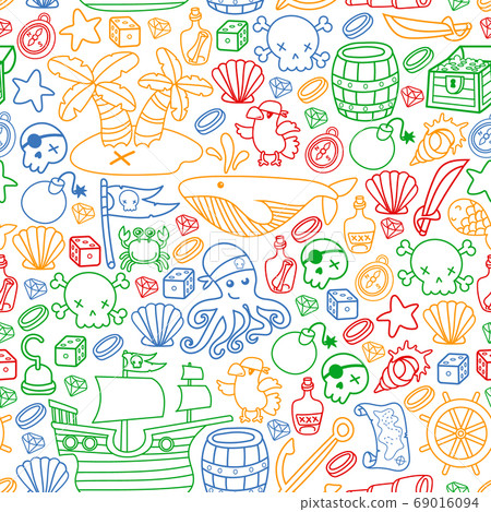 Children pirate party. Symbols of piracy - hat, swords, guns, treasure chest, ship, black flag, jolly roger emblem, skull and crossbones, compass. 69016094