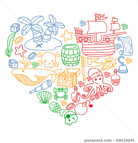 Children pirate party. Symbols of piracy - hat, swords, guns, treasure chest, ship, black flag, jolly roger emblem, skull and crossbones, compass. 69016095