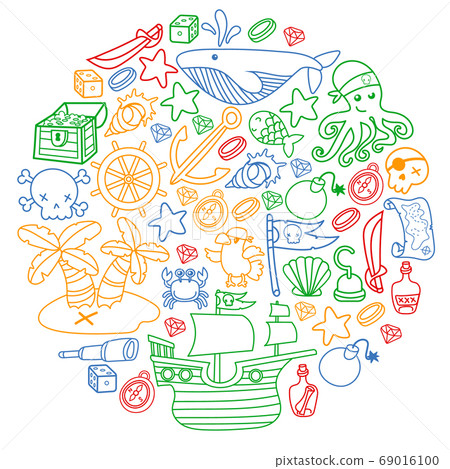 Children pirate party. Symbols of piracy - hat, swords, guns, treasure chest, ship, black flag, jolly roger emblem, skull and crossbones, compass. 69016100