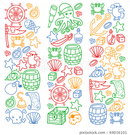 Children pirate party. Symbols of piracy - hat, swords, guns, treasure chest, ship, black flag, jolly roger emblem, skull and crossbones, compass. Children pirate party. Symbols of piracy - hat, swords, guns, treasure chest, ship, black flag, jolly roger emblem, skull and crossbones, compass. 69016101