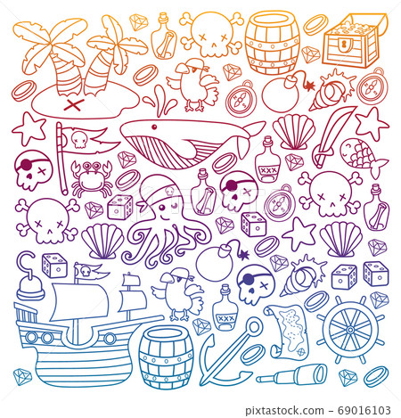 Children pirate party. Symbols of piracy - hat, swords, guns, treasure chest, ship, black flag, jolly roger emblem, skull and crossbones, compass. 69016103