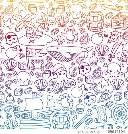 Children pirate party. Symbols of piracy - hat, swords, guns, treasure chest, ship, black flag, jolly roger emblem, skull and crossbones, compass. Children pirate party. Symbols of piracy - hat, swords, guns, treasure chest, ship, black flag, jolly roger emblem, skull and crossbones, compass. 69016104