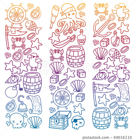 Children pirate party. Symbols of piracy - hat, swords, guns, treasure chest, ship, black flag, jolly roger emblem, skull and crossbones, compass. 69016110