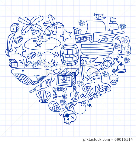 Children pirate party. Symbols of piracy - hat, swords, guns, treasure chest, ship, black flag, jolly roger emblem, skull and crossbones, compass. Children pirate party. Symbols of piracy - hat, swords, guns, treasure chest, ship, black flag, jolly roger emblem, skull and crossbones, compass. 69016114