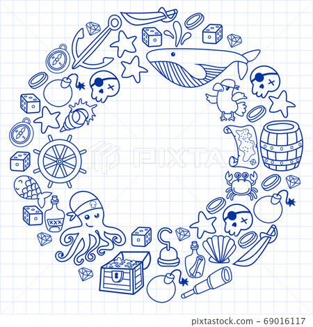 Children pirate party. Symbols of piracy - hat, swords, guns, treasure chest, ship, black flag, jolly roger emblem, skull and crossbones, compass. 69016117