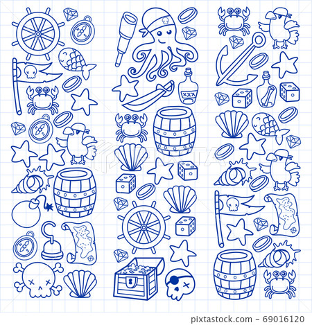 Children pirate party. Symbols of piracy - hat, swords, guns, treasure chest, ship, black flag, jolly roger emblem, skull and crossbones, compass. 69016120