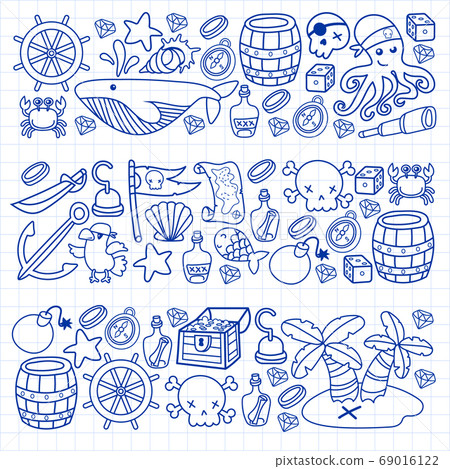 Children pirate party. Symbols of piracy - hat, swords, guns, treasure chest, ship, black flag, jolly roger emblem, skull and crossbones, compass. 69016122