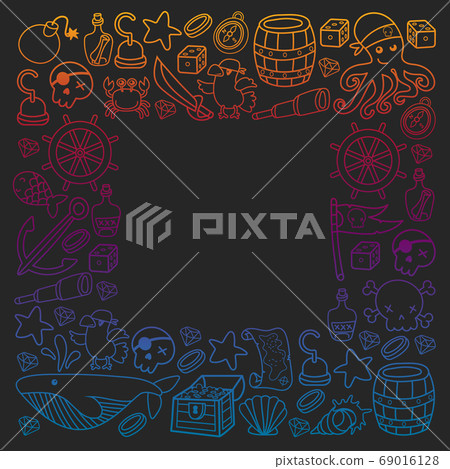 Children pirate party. Symbols of piracy - hat, swords, guns, treasure chest, ship, black flag, jolly roger emblem, skull and crossbones, compass. 69016128