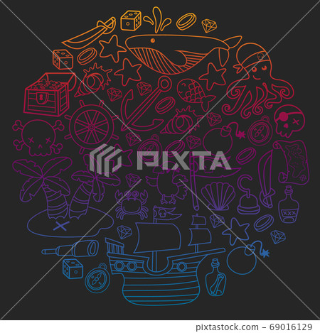 Children pirate party. Symbols of piracy - hat, swords, guns, treasure chest, ship, black flag, jolly roger emblem, skull and crossbones, compass. Children pirate party. Symbols of piracy - hat, swords, guns, treasure chest, ship, black flag, jolly roger emblem, skull and crossbones, compass. 69016129