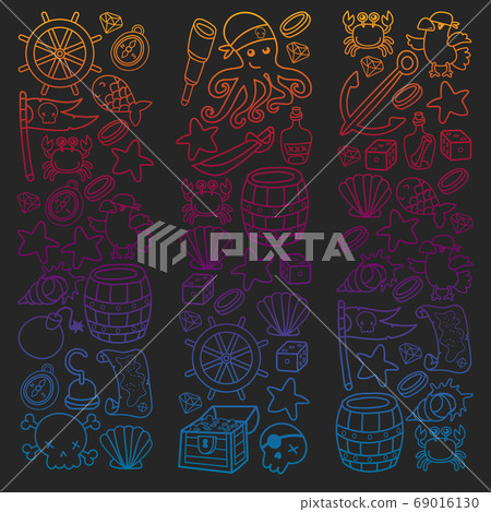 Children pirate party. Symbols of piracy - hat, swords, guns, treasure chest, ship, black flag, jolly roger emblem, skull and crossbones, compass. 69016130