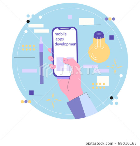 Development of mobile applications or applications for smartphones. hand with the phone. Development of mobile applications or applications for smartphones. hand with the phone. 69016165