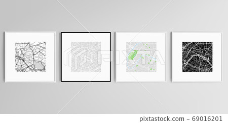 Realistic vector set of square picture frames isolated on gray background with urban city map of Paris. Realistic vector set of square picture frames isolated on gray background with urban city map of Paris. 69016201