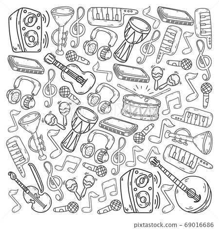 Vector music background with musical instruments. Rock, piano, guitar, jazz. Melody and microphone. Concert. Vector music background with musical instruments. Rock, piano, guitar, jazz. Melody and microphone. Concert. 69016686