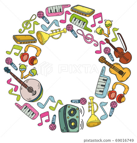Vector music background with musical instruments. Rock, piano, guitar, jazz. Melody and microphone. Concert. 69016749