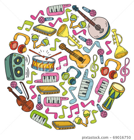 Vector music background with musical instruments. Rock, piano, guitar, jazz. Melody and microphone. Concert. Vector music background with musical instruments. Rock, piano, guitar, jazz. Melody and microphone. Concert. 69016750