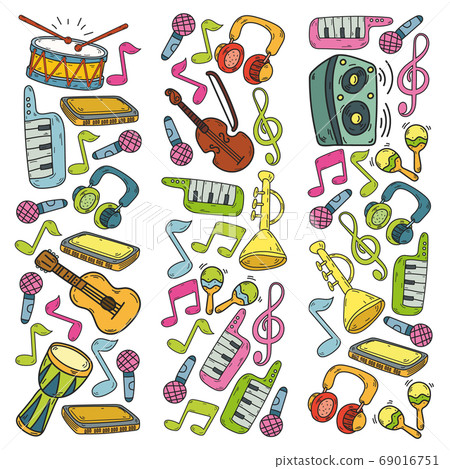 Vector music background with musical instruments. Rock, piano, guitar, jazz. Melody and microphone. Concert. 69016751