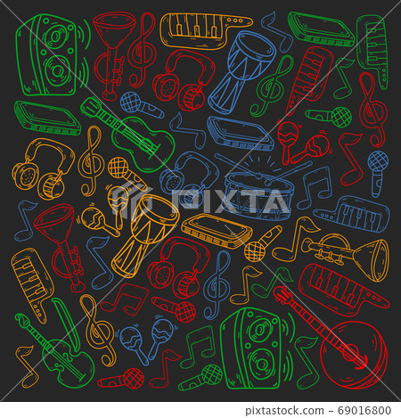 Vector music background with musical instruments. Rock, piano, guitar, jazz. Melody and microphone. Concert. 69016800