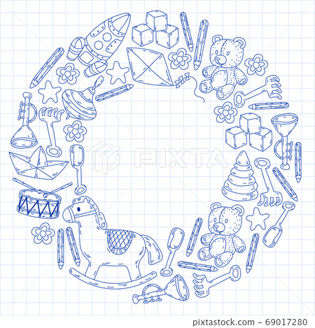 Icons for little boys and girls. Hand drawn children drawings pattern. Kindergarten toys background. Vector illustration. 69017280