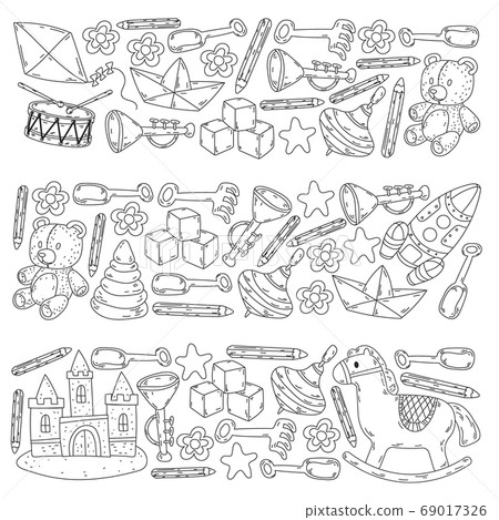 Icons for little boys and girls. Hand drawn children drawings pattern. Kindergarten toys background. Vector illustration. 69017326