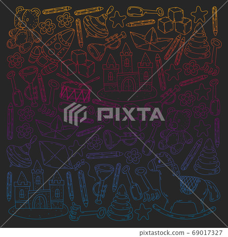 Icons for little boys and girls. Hand drawn children drawings pattern. Kindergarten toys background. Vector illustration. Icons for little boys and girls. Hand drawn children drawings pattern. Kindergarten toys background. Vector illustration. 69017327