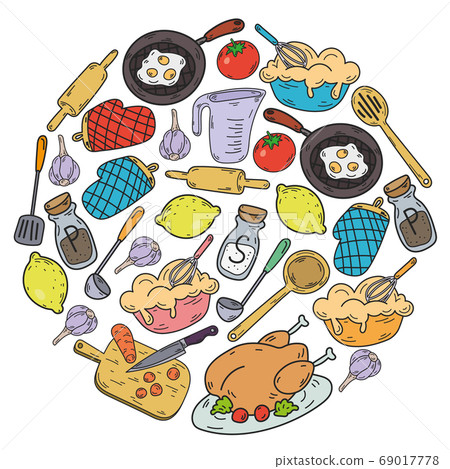 Vector sketch background with kitchen utensils, vegetables, cooking, products, kitchenware. Doodle elements. 69017778