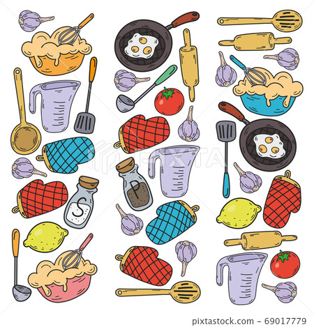 Vector sketch background with kitchen utensils, vegetables, cooking, products, kitchenware. Doodle elements. 69017779