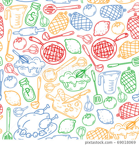 Vector sketch background with kitchen utensils, vegetables, cooking, products, kitchenware. Doodle elements. 69018069