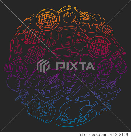 Vector sketch background with kitchen utensils, vegetables, cooking, products, kitchenware. Doodle elements. 69018109