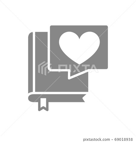Book with heart in chat bubble grey icon. Good literature, best choise symbol. Book with heart in chat bubble grey icon. Good literature, best choise symbol. 69018938
