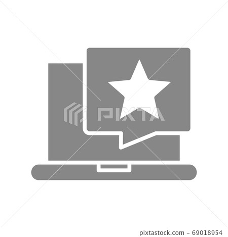 Laptop with star in chat bubble grey icon. Positive feedback symbol. Laptop with star in chat bubble grey icon. Positive feedback symbol. 69018954