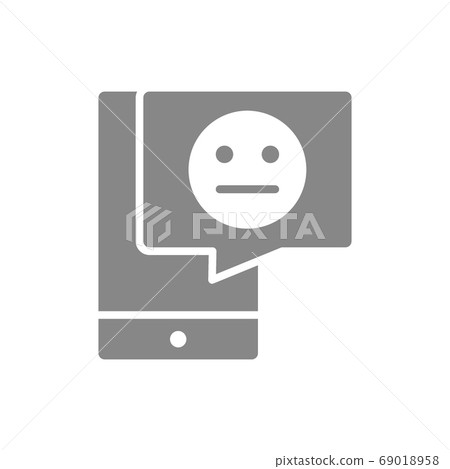 Smartphone with neutral face in chat bubble grey icon. Client unsatisfaction symbol. Smartphone with neutral face in chat bubble grey icon. Client unsatisfaction symbol. 69018958