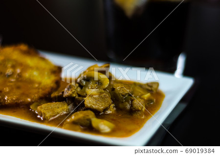 potato pancakes with spicy stew, delicious potato pancakes with spicy stew, delicious 69019384