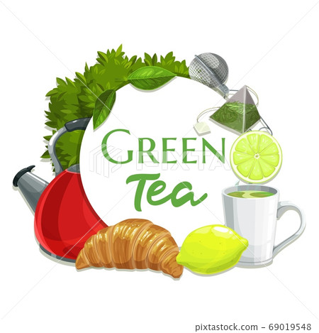 Green tea vector banner, hot beverage round frame Green tea vector banner, hot beverage round frame 69019548