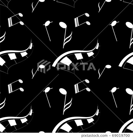 White notes and piano keys on a black background. White notes and piano keys on a black background. 69019700