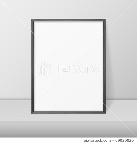 Vector 3d Realistic A4 Black Wooden Simple Modern Frame on a White Shelf or Table Against a White Wall. It can be used for presentations. Design Template for Mockup, Front View 69020020