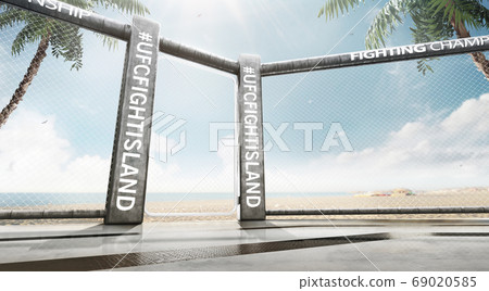 Fight island. Location of the MMA tournament on the island. Bottom view. Octagon on the sand. Sport 69020585