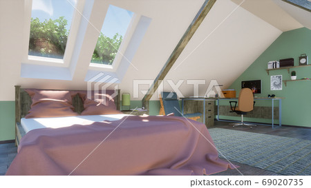 Attic interior with double bed and home office 3D 69020735