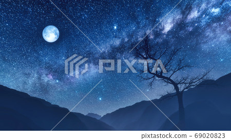 Night sky with moon and milky way over mountains 69020823