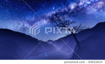 Milky way over mountain landscape with dead tree Milky way over mountain landscape with dead tree 69020824