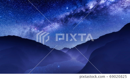 Starry night sky with milky way over mountain lake 69020825