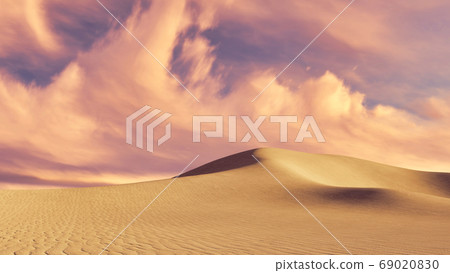 Sandy dunes in desert under cloudy sky at dusk 3D Sandy dunes in desert under cloudy sky at dusk 3D 69020830