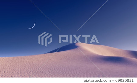 Unreal desert landscape and half moon in night sky Unreal desert landscape and half moon in night sky 69020831