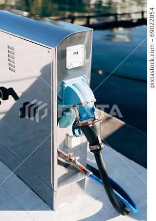 Chrome plated cabinet for marina refueling and water replenishment. Refueling and charging of yachts. 69022054