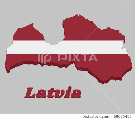 3D Map outline and flag of Latvia,  69025495