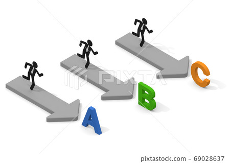 The letters A, B and C. Three arrows. Three businessmen. 3 courses. Businessman running. 69028637