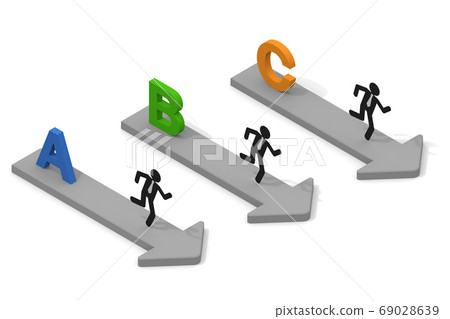 The letters A, B and C. Three arrows. Three businessmen. 3 courses. Businessman running. 69028639