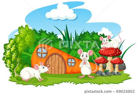 Carrot house with three mouses cartoon style on 69028802